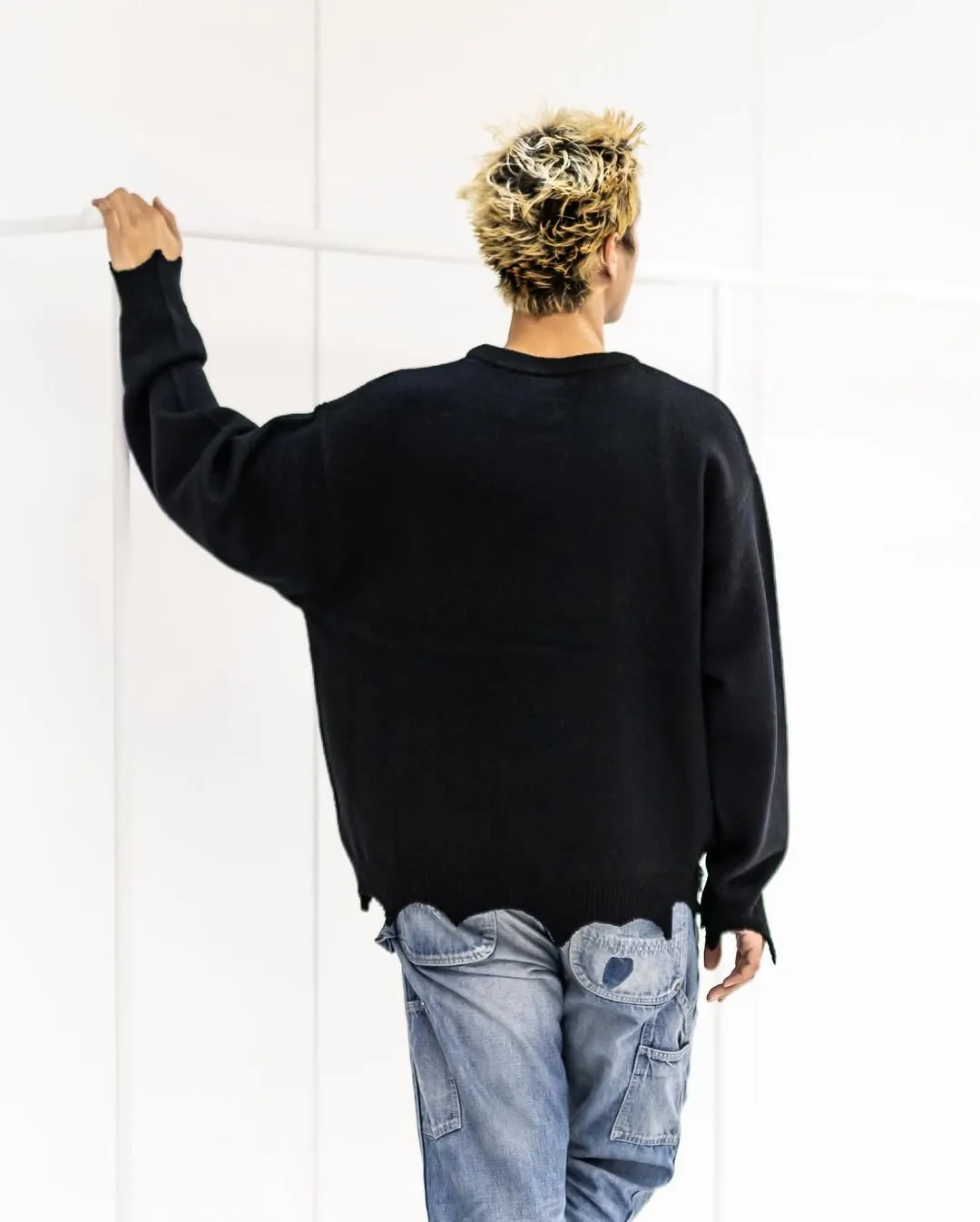 SAINT Mxxxxxx × The KLF KLF_CREW NECK KNIT/BLK KLF joint deconstructed wool sweater, black S-XL, original heel, made of 100% pure wool, natural and warm, wool fabric, dry cleaning or gentle hand washing recommended, completely correct version, customized KLF joint main mark/wash mark, imported special machine embroidery, full three-dimensional, pure hand destruction, deconstructed and shredded